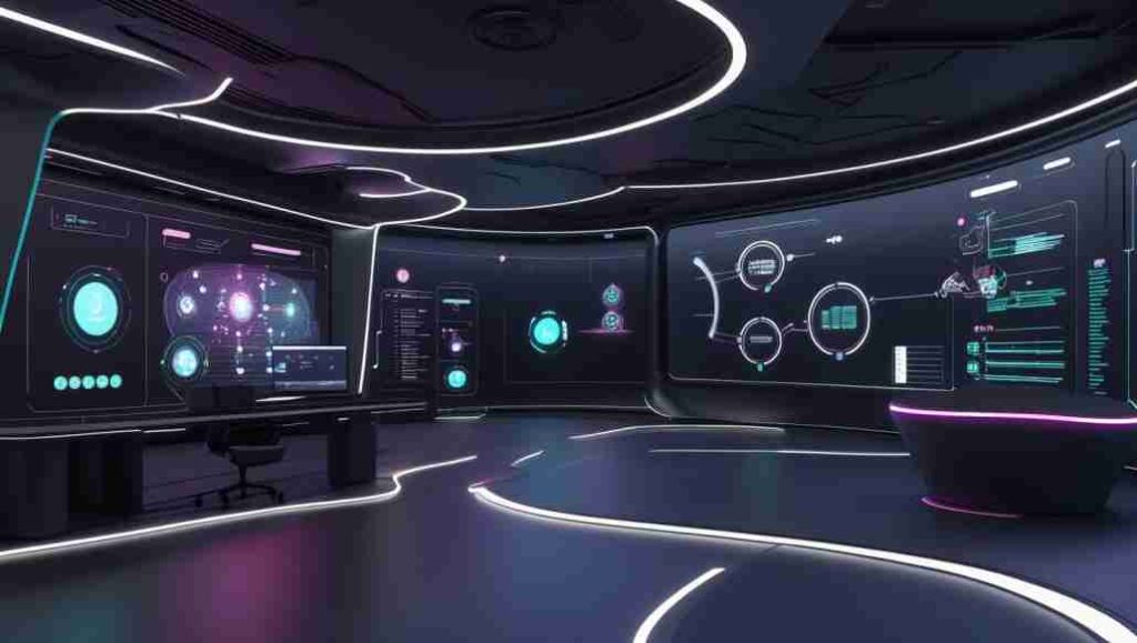 Futuristic web design concept with AI tools, mobile responsiveness, and 3D elements