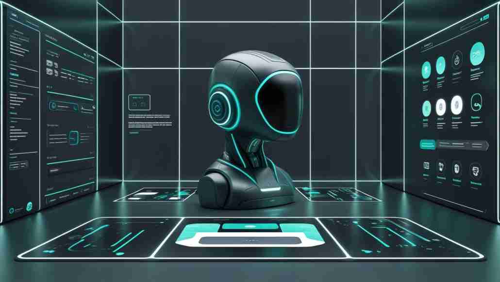 Futuristic web design concept with AI tools, mobile responsiveness, and 3D elements